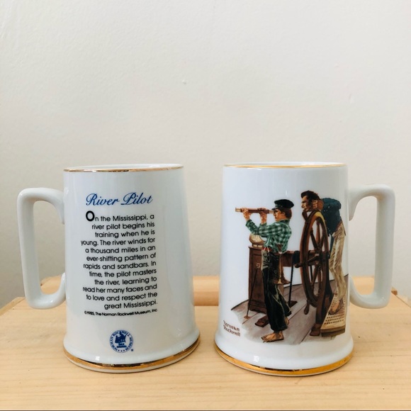 Vintage 1985 Norman Rockwell River Pilot Porcelain Mugs 2 Piece set - Picture 1 of 5